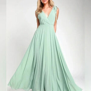 Lulus Bridesmaid Maxi dress Dance the Night Away Sage Green Backless mint bows